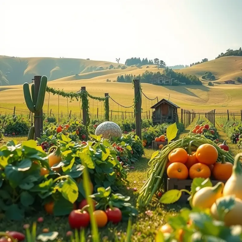 A vibrant orchard showcasing fresh fruits and vegetables in a serene setting.