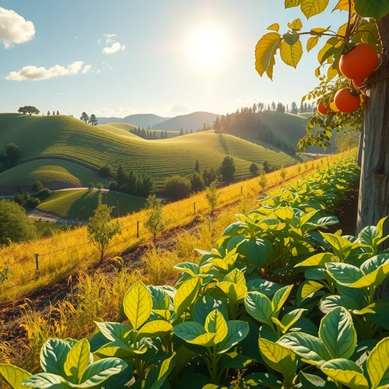 A vibrant sunlit field full of organic vegetables and fruits.