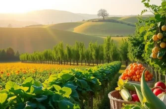 A sunny landscape showcasing an abundance of vibrant organic produce growing in a natural setting.
