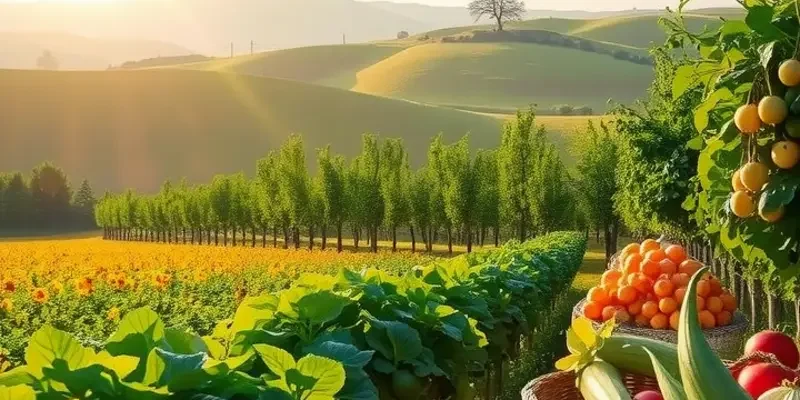 A sunny landscape showcasing an abundance of vibrant organic produce growing in a natural setting.