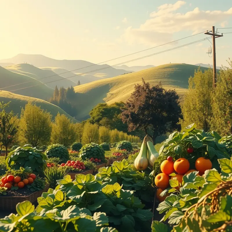 A vibrant sunlit field showcasing an abundance of organic vegetables and fruits.