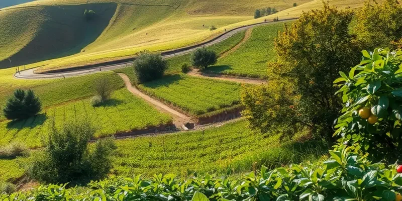 A scenic view of organic vegetables and fruits thriving in a sunlit field.