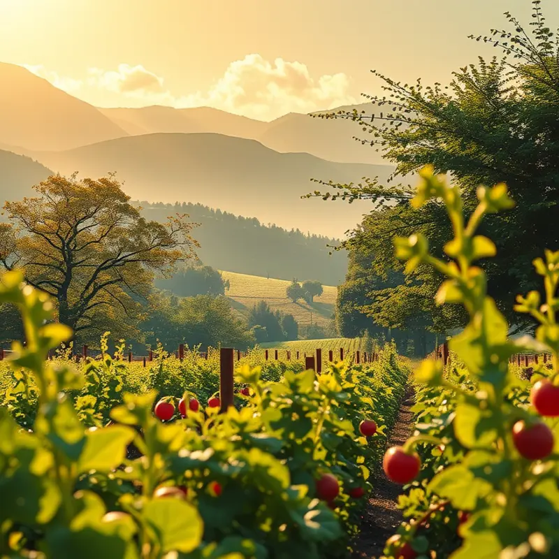 A sunlit field overflowing with vibrant vegetables and fruits, symbolizing the abundance of nature.