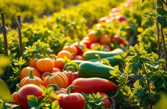 A bright, sunlit landscape showcasing lush fields with an abundance of fresh fruits and vegetables.