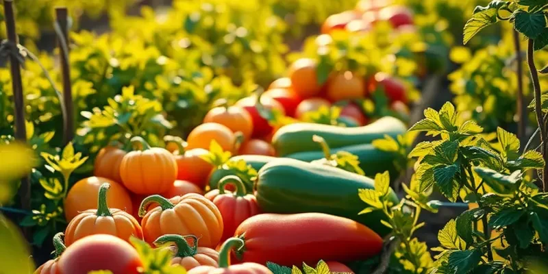 A bright, sunlit landscape showcasing lush fields with an abundance of fresh fruits and vegetables.