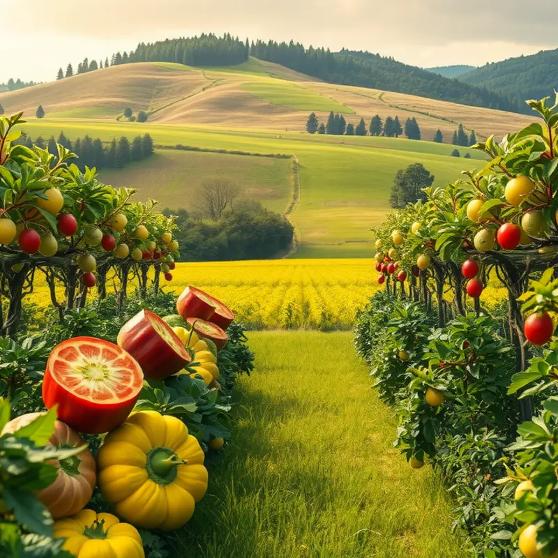 A sunlit orchard filled with organic vegetables and fruits.