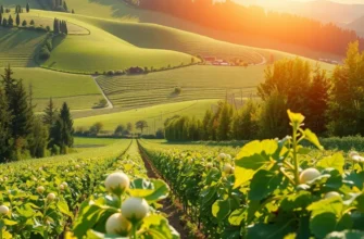 A picturesque organic field filled with various vegetables and fruits basking in sunlight.