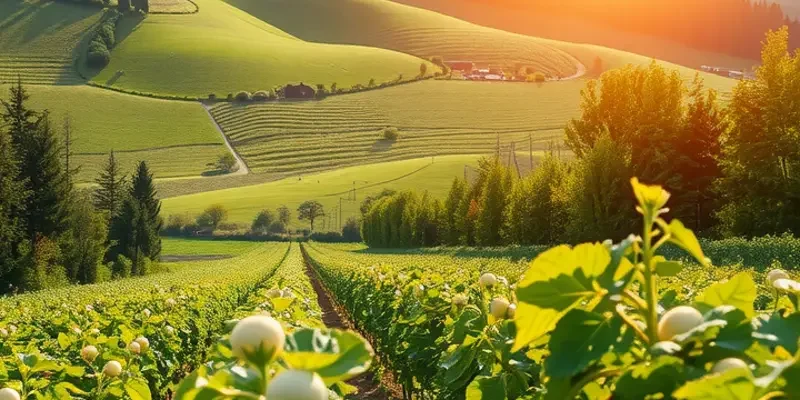A picturesque organic field filled with various vegetables and fruits basking in sunlight.
