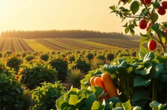 Sunlit field filled with vibrant organic vegetables and fruits, illustrating the essence of nature.