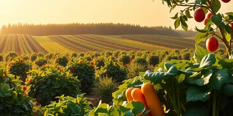 Sunlit field filled with vibrant organic vegetables and fruits, illustrating the essence of nature.