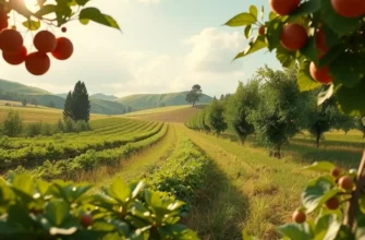 A vibrant sunlit scene depicting a lush green field full of organic fruits and vegetables.