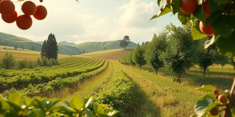 A vibrant sunlit scene depicting a lush green field full of organic fruits and vegetables.