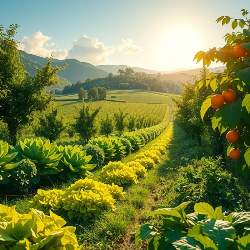 A vibrant field flourishing with organic vegetables and fruits.