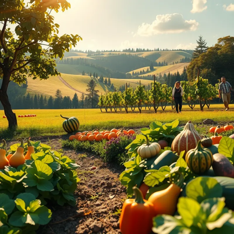 A vibrant orchard abundant with organic produce, including papayas.