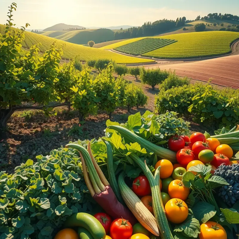 A vibrant orchard showcasing fresh vegetables and fruits.