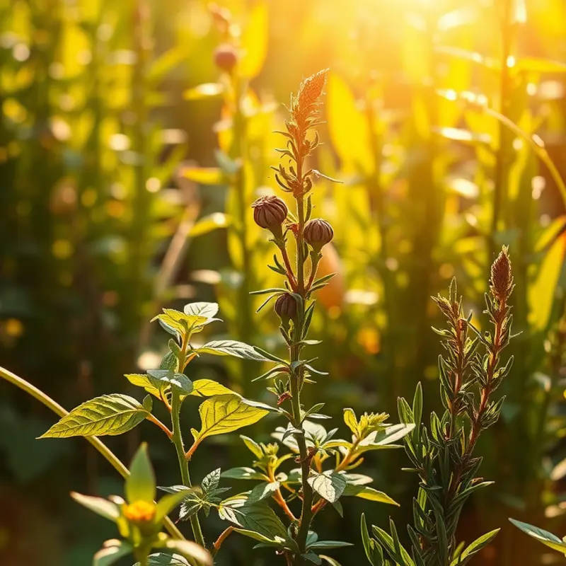 A colorful display of spices growing organically in a sunlit field.