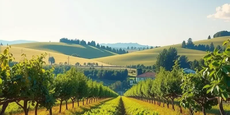Photorealistic landscape of a sunlit field with an abundance of vibrant vegetables and fruits.