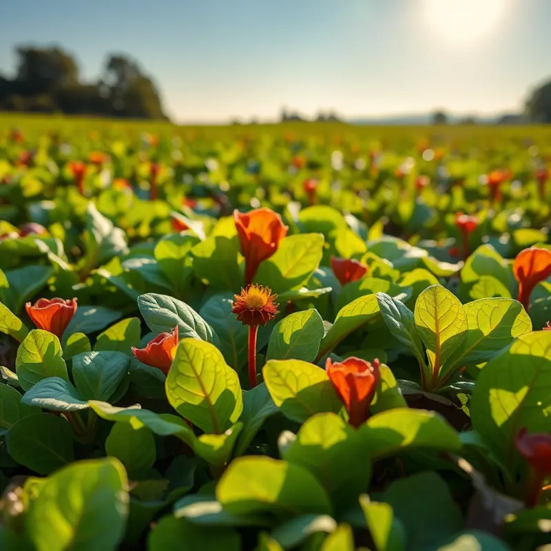 A vibrant field filled with naturally growing vegetables such as kale and Brussels sprouts, highlighting their organic beauty.