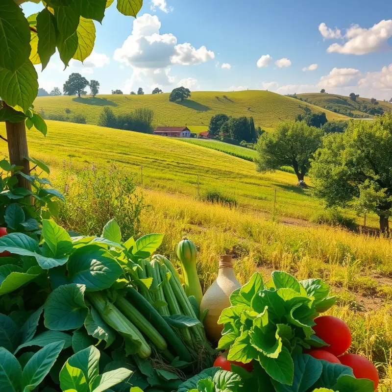 A vibrant, sunlit field showcasing organic vegetables and fruits.