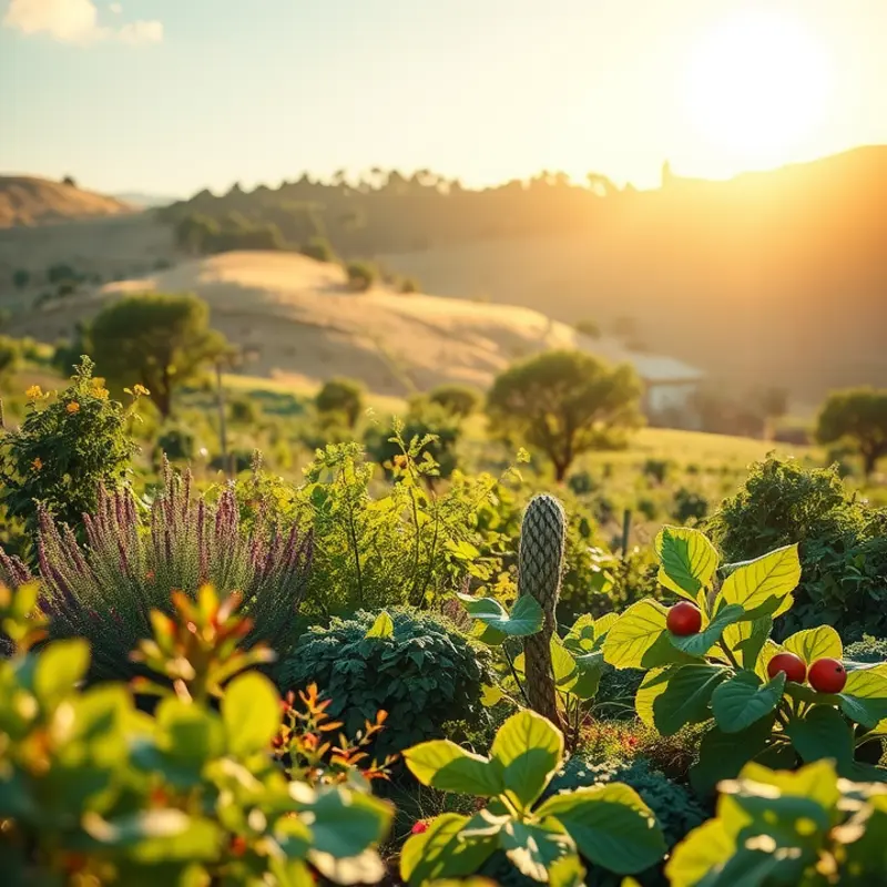 A vibrant sunlit field showcasing fresh vegetables and fruits.