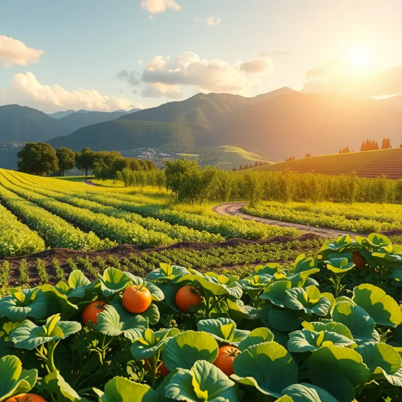 A vibrant sunlit field filled with fresh vegetables and fruits, representing the essence of organic cooking.