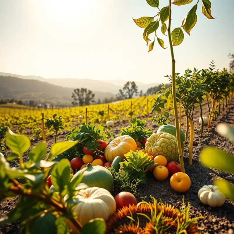 A vibrant sunlit field showcasing healthy vegetables and fruits, symbolizing the importance of carbohydrates.