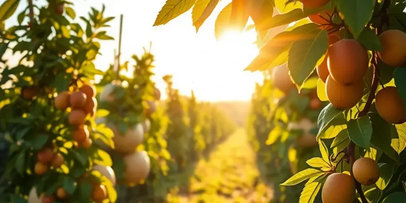 A picturesque field filled with vibrant fruits and vegetables under warm sunlight, highlighting the essence of fresh nutrition.