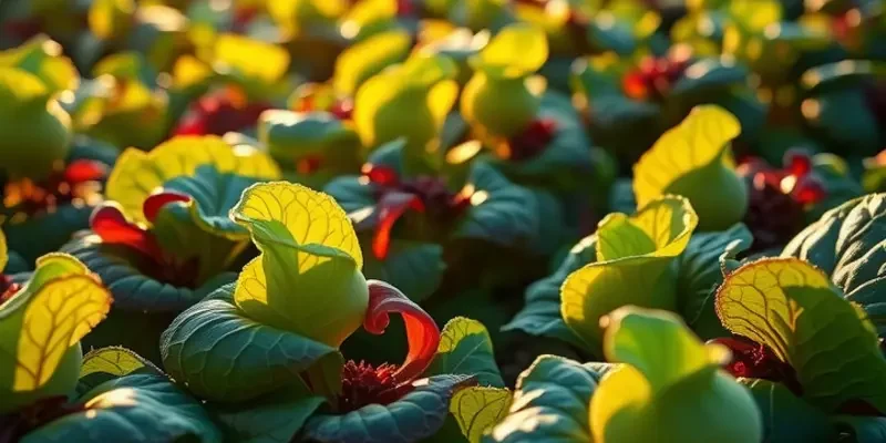 A sunlit field with various vegetables growing naturally, showcasing lush greenery and vibrant colors.
