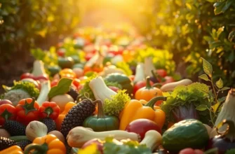 Photorealistic landscape featuring a sunlit field of vegetables and fruits, emphasizing organic healthy nutrition.