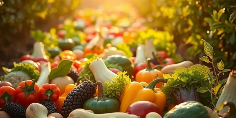 Photorealistic landscape featuring a sunlit field of vegetables and fruits, emphasizing organic healthy nutrition.