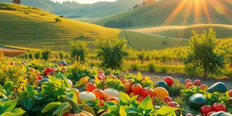 A beautiful garden scene showcasing a variety of fresh vegetables in a natural setting.