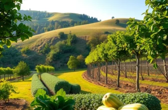 A picturesque garden landscape showcasing a variety of fresh organic vegetables under warm sunlight.