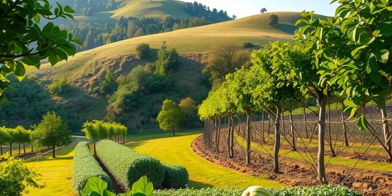 A picturesque garden landscape showcasing a variety of fresh organic vegetables under warm sunlight.