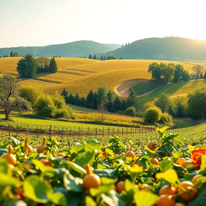 A sunlit field full of vibrant vegetables and fruits, illustrating the essence of fresh, organic produce.