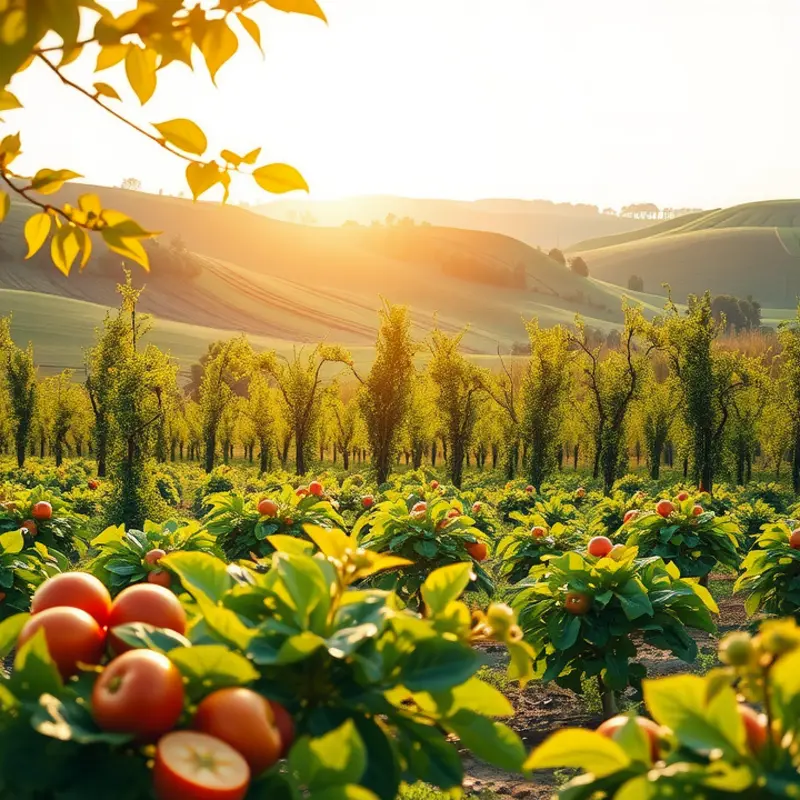 A sunlit orchard filled with vibrant vegetables and fruits.