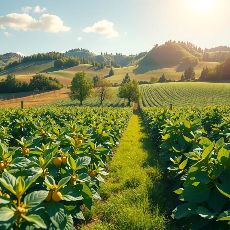 A sunlit field showcasing vibrant vegetables and fruits among lush greenery.
