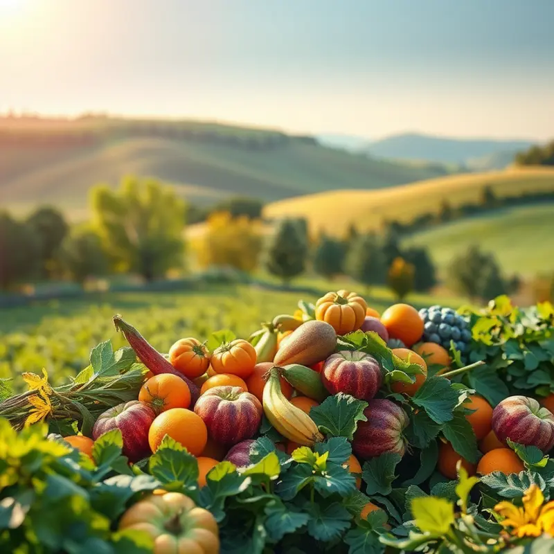 A vibrant orchard showcasing a plentiful harvest of fruits and vegetables.