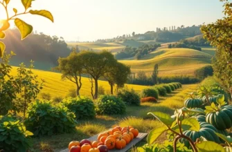 A photorealistic landscape featuring a vibrant field full of organic produce under soft, warm light.