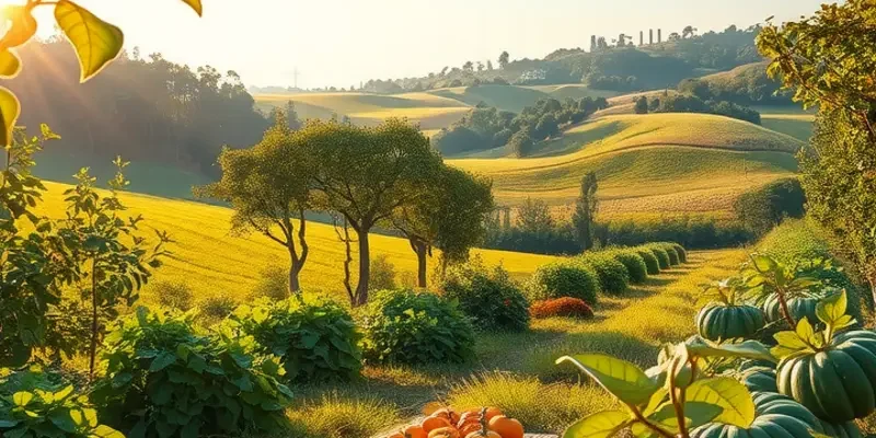 A photorealistic landscape featuring a vibrant field full of organic produce under soft, warm light.