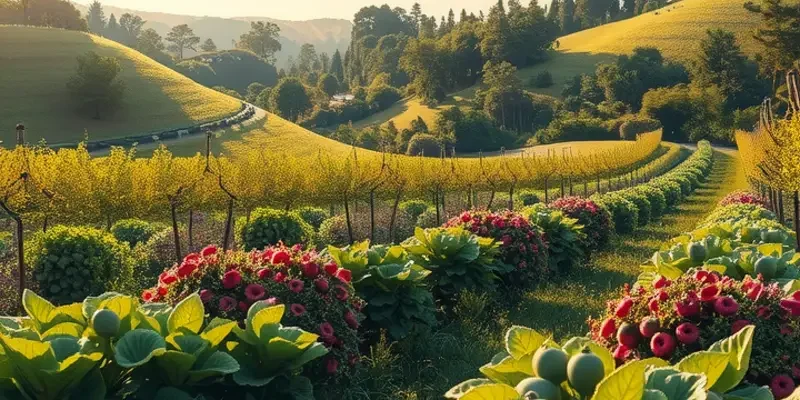 A sunlit field displaying a variety of fresh fruits and vegetables in a natural setting.