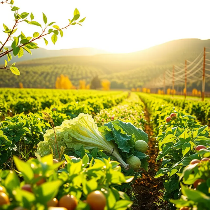 A sunlit field bursting with vibrant fruits and vegetables.