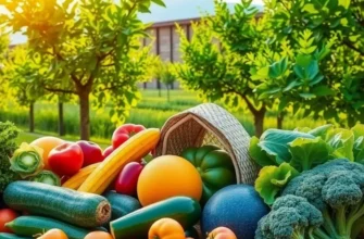 A peaceful orchard filled with fresh fruits and vegetables, symbolizing nature's nutritional bounty.