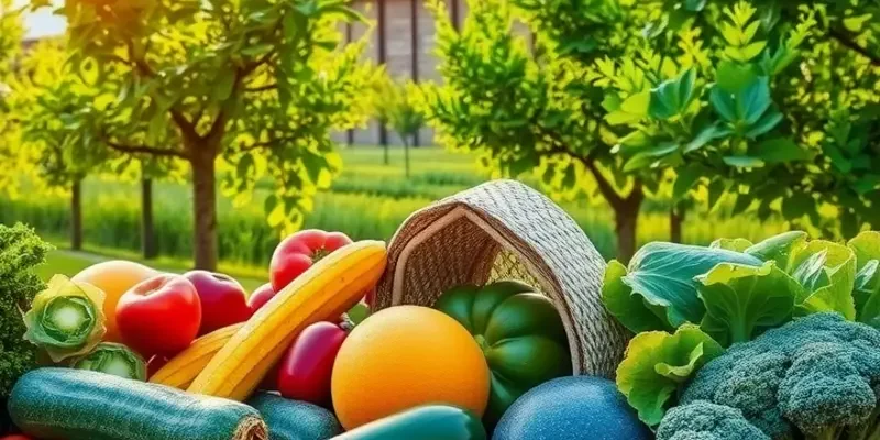A peaceful orchard filled with fresh fruits and vegetables, symbolizing nature's nutritional bounty.