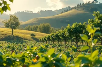A sunlit landscape of lush organic produce in a peaceful setting.