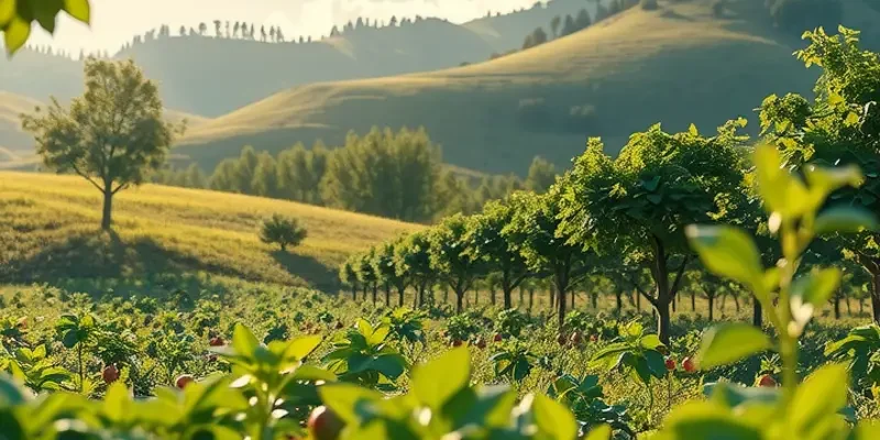 A sunlit landscape of lush organic produce in a peaceful setting.