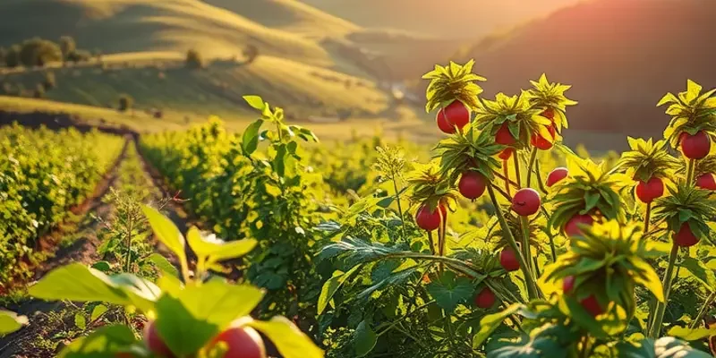 Scenic sunrise over an organic field full of produce.