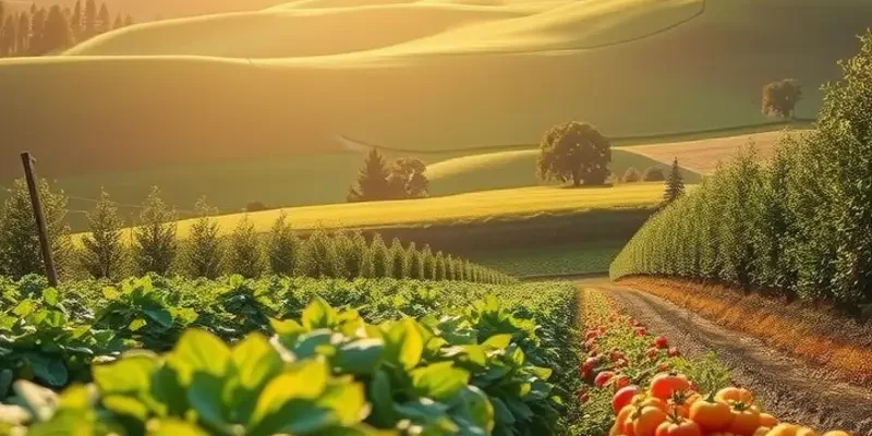 A sunlit field filled with organic fruits and vegetables, highlighting the beauty of fresh produce.