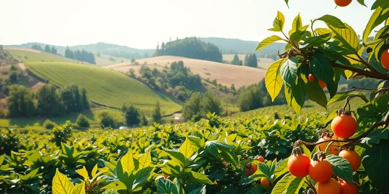 A stunning natural scene showcasing organic vegetables and fruits in a sunlit environment.