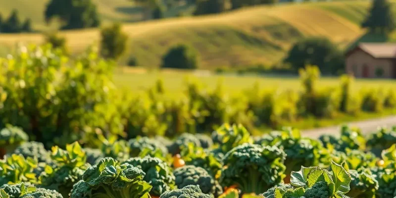A beautiful landscape filled with healthy organic fruits and vegetables under the sun.