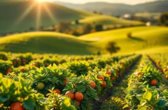 A picturesque landscape showcasing organic vegetables and fruits under soft sunlight.
